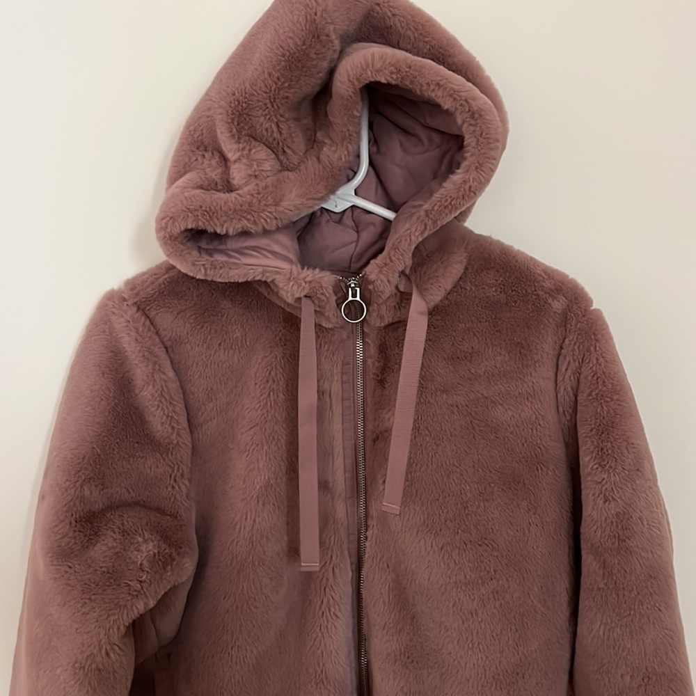 Athleta Faux Fur Teddy Dusty Rose Pink Zip up Hooded Jacket Size S